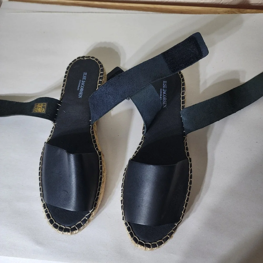Ilse Jacobsen Hornbaek Black Leather Espadrille Sandals Made in Spain Size 39
